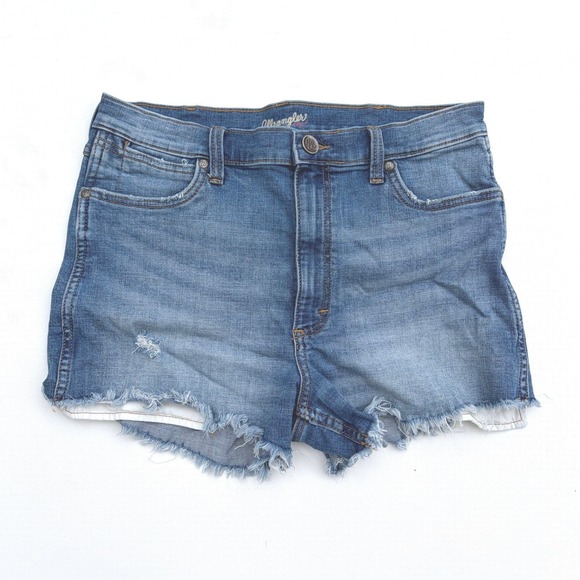 Wrangler Womens High Waisted Distressed Denim Shorts Medium Wash Raw Hem Size 31 - Picture 1 of 7